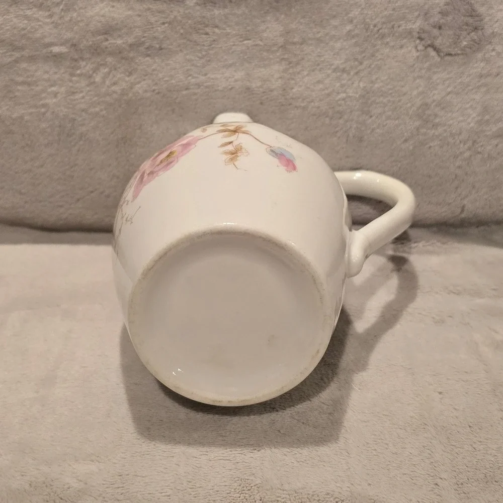 Vintage White Ceramic Floral Pitcher Scalloped Rim Pink Flower Creamer Jug